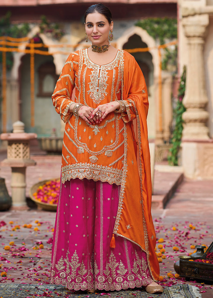 Orange & Pink Dual-Tone Chinon Silk Palazzo Suit with Exquisite Embroidery - Eid Edition