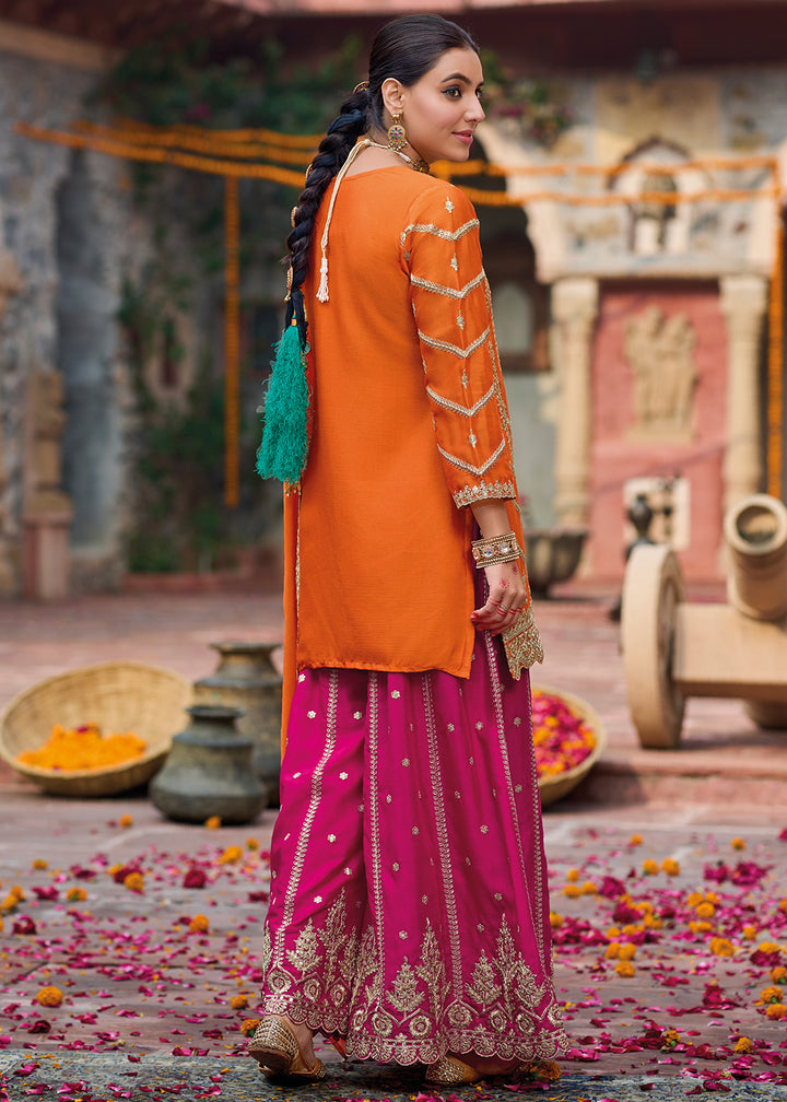 Orange & Pink Dual-Tone Chinon Silk Palazzo Suit with Exquisite Embroidery - Eid Edition