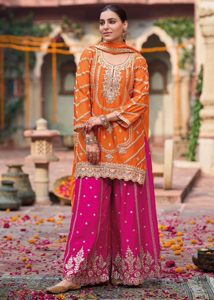 Orange & Pink Dual-Tone Chinon Silk Palazzo Suit with Exquisite Embroidery - Eid Edition