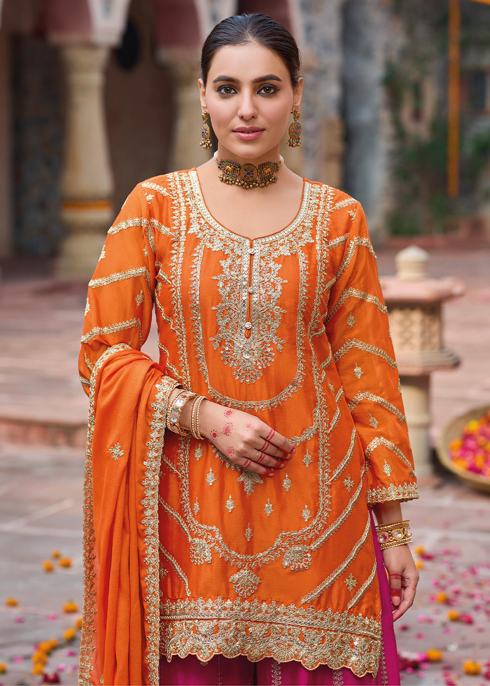 Orange & Pink Dual-Tone Chinon Silk Palazzo Suit with Exquisite Embroidery - Eid Edition