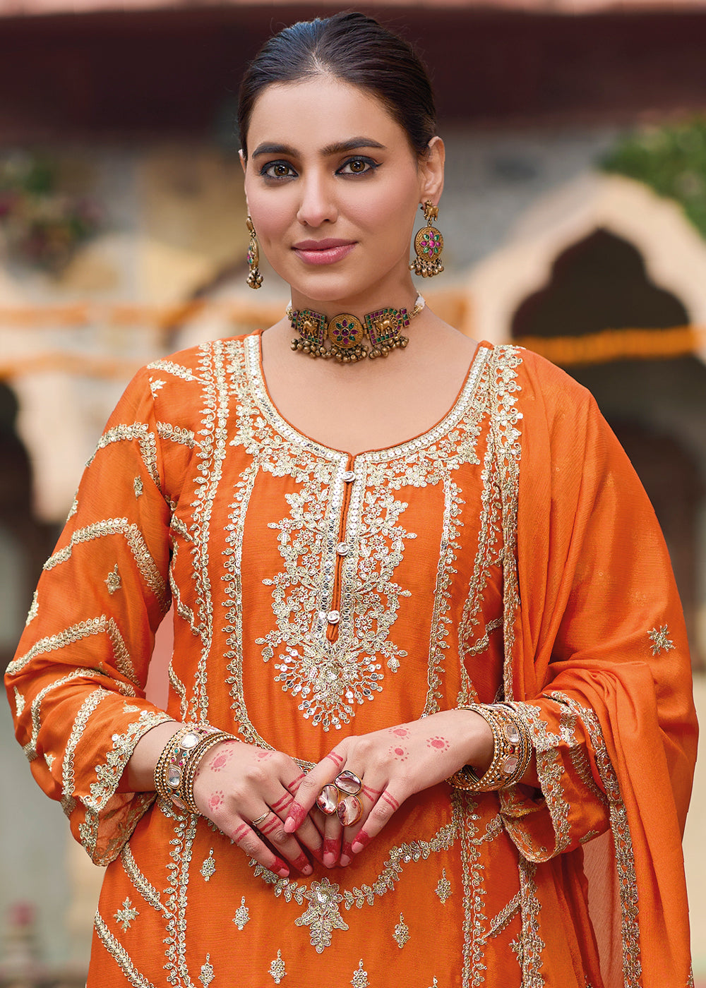 Orange & Pink Dual-Tone Chinon Silk Palazzo Suit with Exquisite Embroidery - Eid Edition