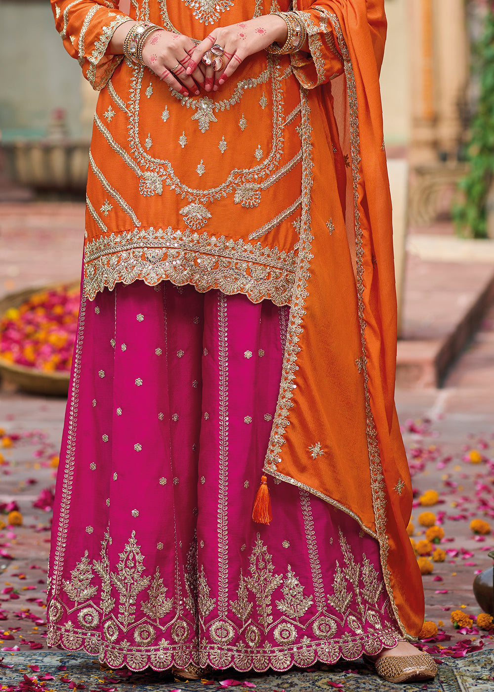 Orange & Pink Dual-Tone Chinon Silk Palazzo Suit with Exquisite Embroidery - Eid Edition