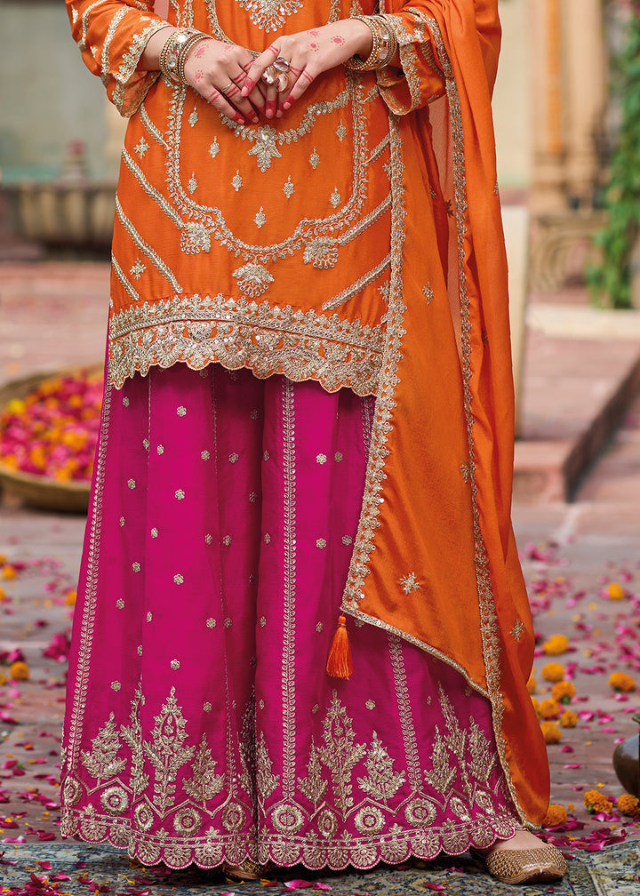 Orange & Pink Dual-Tone Chinon Silk Palazzo Suit with Exquisite Embroidery - Eid Edition