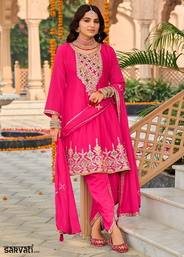 Magenta Pink Chinon Silk Suit with Embroidery and Dhoti Style Bottom