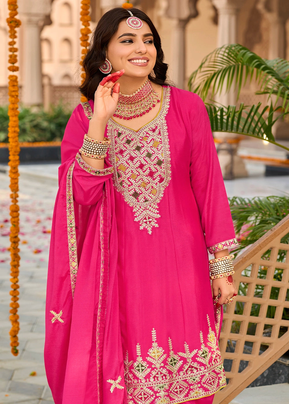 Magenta Pink Chinon Silk Suit with Embroidery and Dhoti Style Bottom