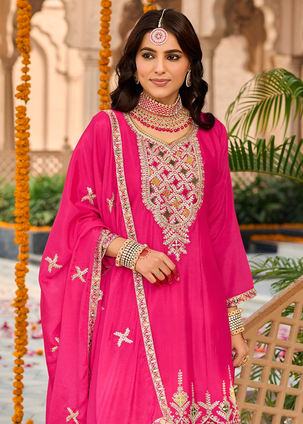 Magenta Pink Chinon Silk Suit with Embroidery and Dhoti Style Bottom