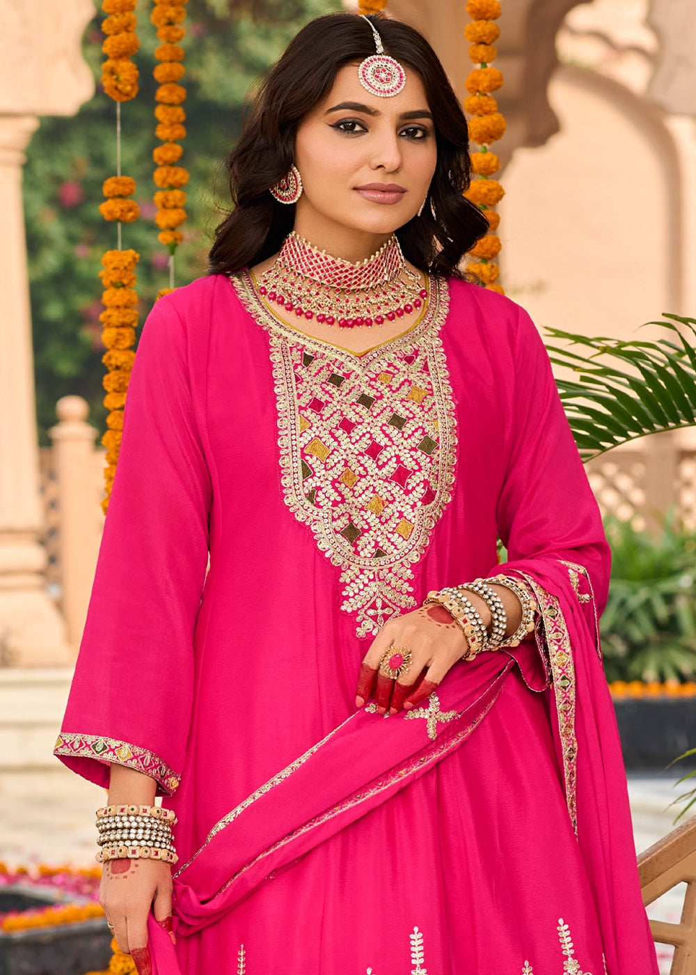 Magenta Pink Chinon Silk Suit with Embroidery and Dhoti Style Bottom