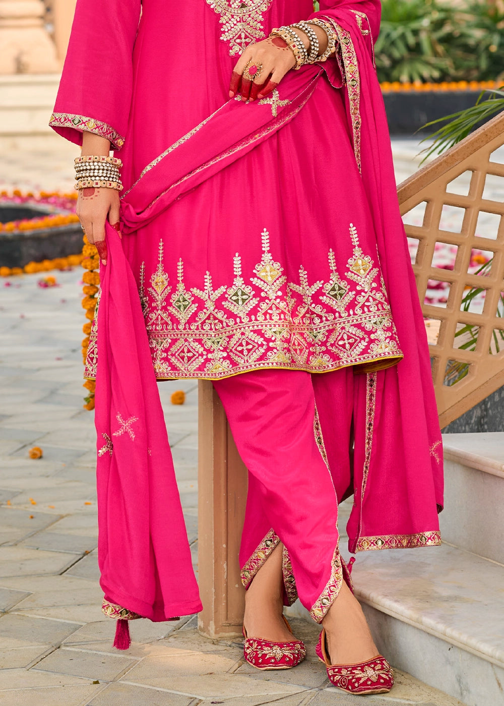 Magenta Pink Chinon Silk Suit with Embroidery and Dhoti Style Bottom