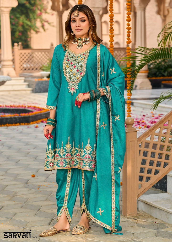 Bright Turquoise Blue Chinon Silk Suit with Embroidery and Dhoti Style Bottom