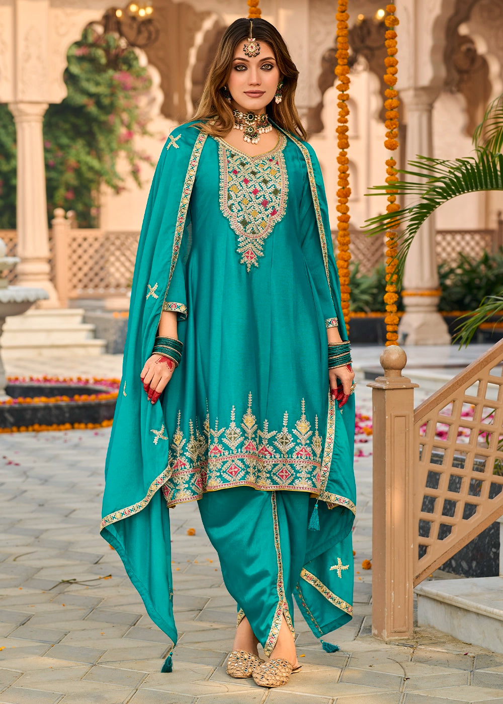 Bright Turquoise Blue Chinon Silk Suit with Embroidery and Dhoti Style Bottom