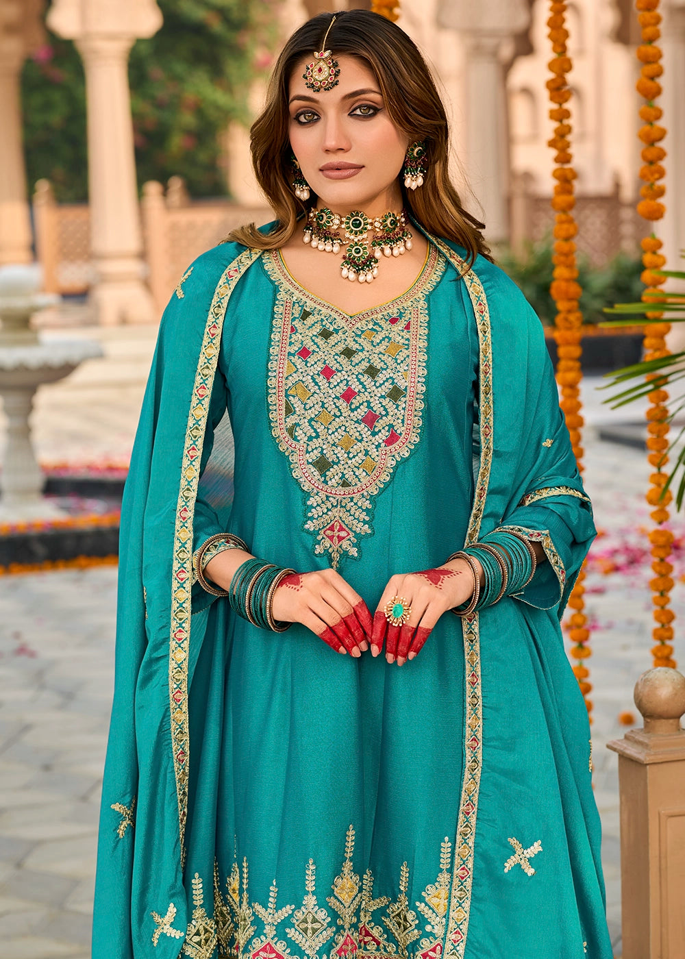 Bright Turquoise Blue Chinon Silk Suit with Embroidery and Dhoti Style Bottom