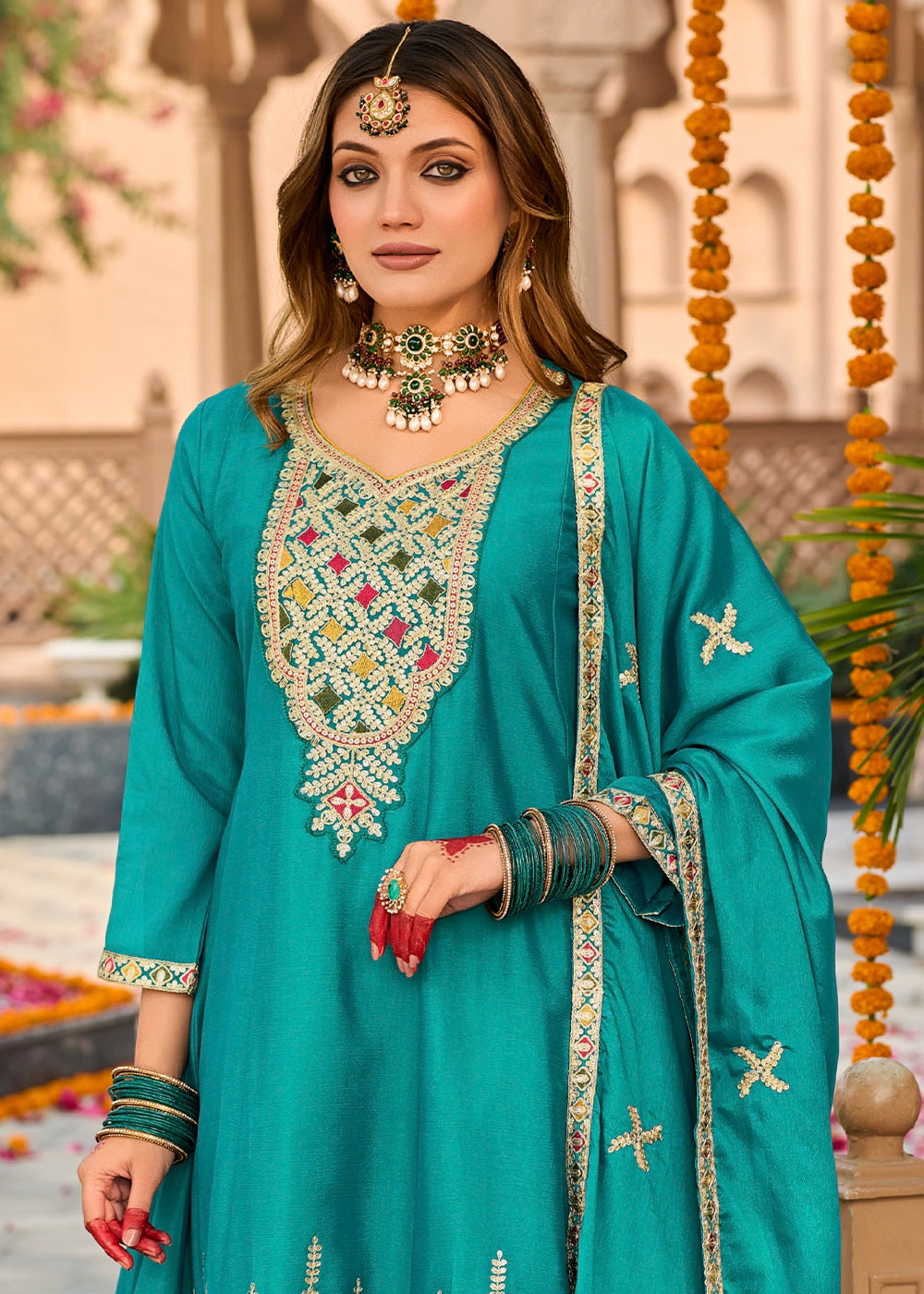 Bright Turquoise Blue Chinon Silk Suit with Embroidery and Dhoti Style Bottom