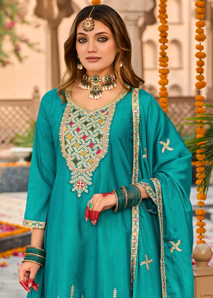 Bright Turquoise Blue Chinon Silk Suit with Embroidery and Dhoti Style Bottom