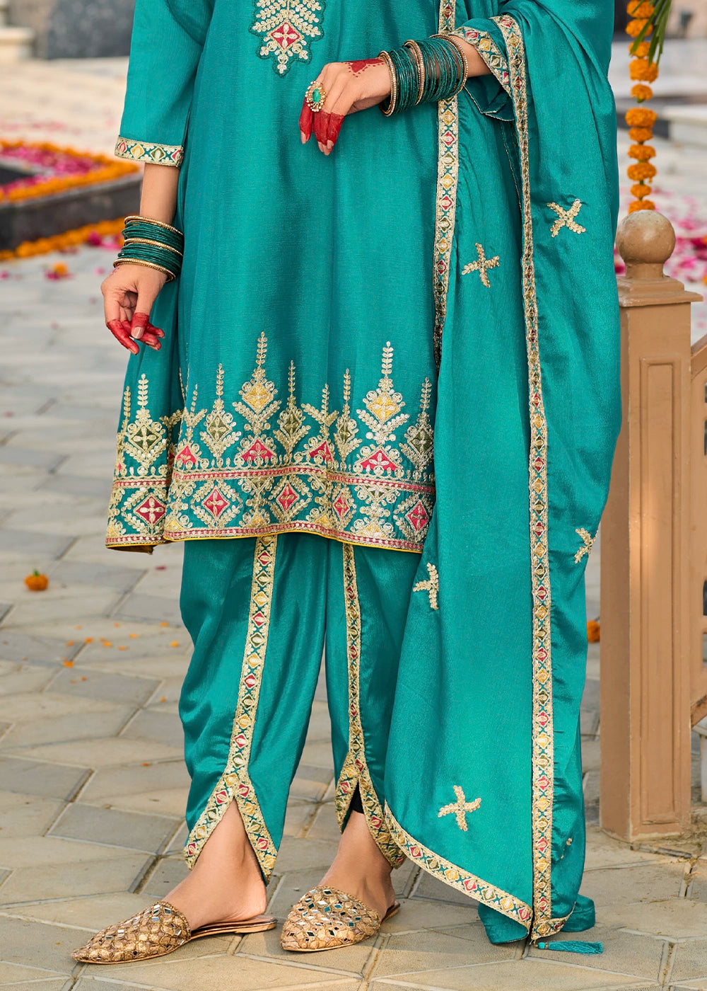 Bright Turquoise Blue Chinon Silk Suit with Embroidery and Dhoti Style Bottom