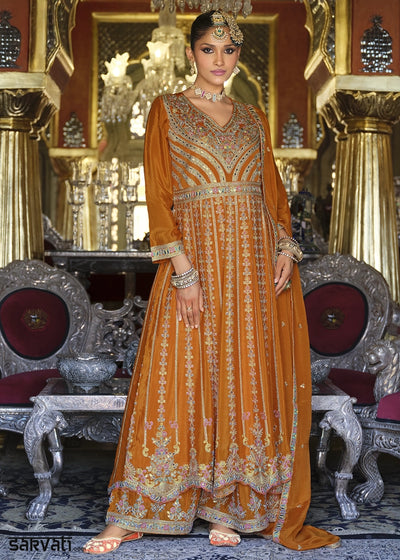 Lava Orange Embroidered Chinon Silk Anarkali with Palazzo Set