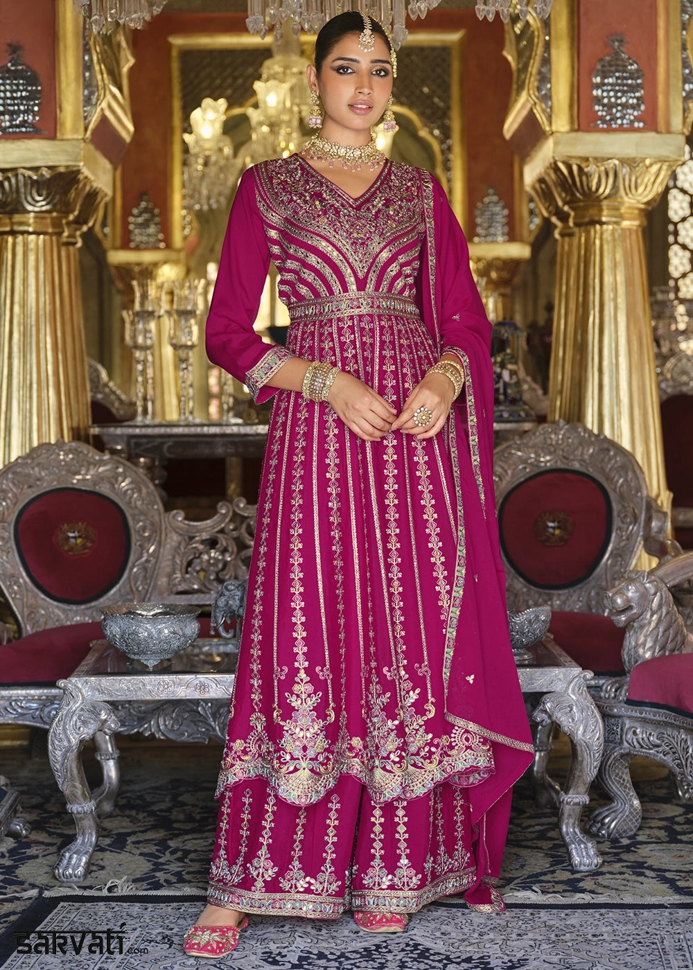 Magenta Pink Embroidered Chinon Silk Anarkali with Palazzo Set
