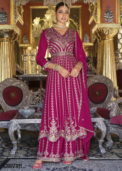 Magenta Pink Embroidered Chinon Silk Anarkali with Palazzo Set