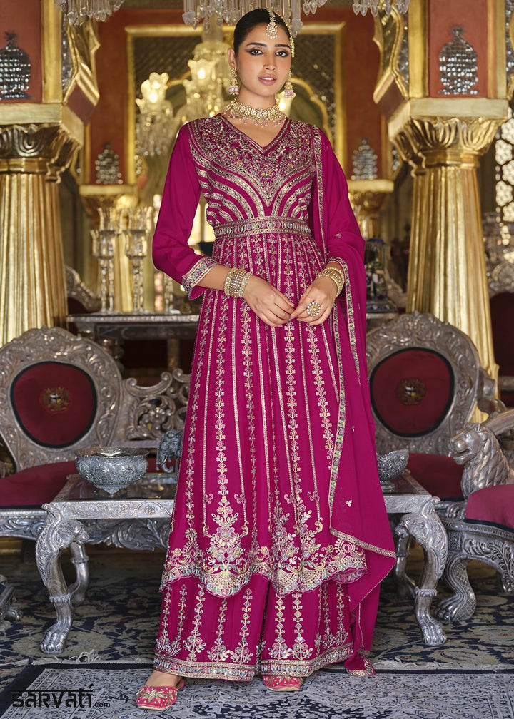 Magenta Pink Embroidered Chinon Silk Anarkali with Palazzo Set