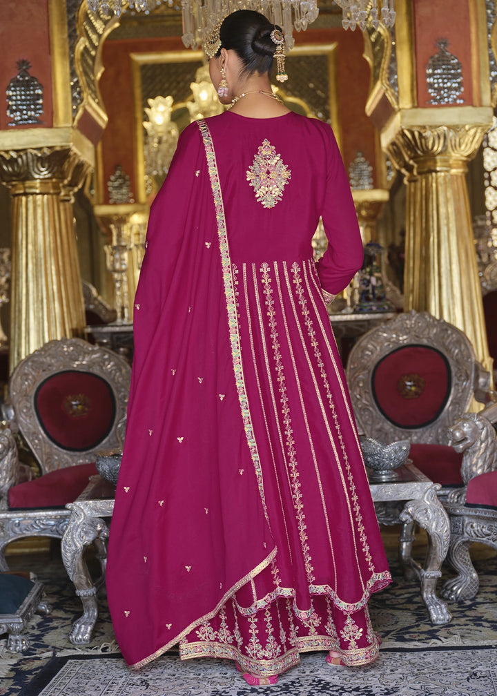 Magenta Pink Embroidered Chinon Silk Anarkali with Palazzo Set