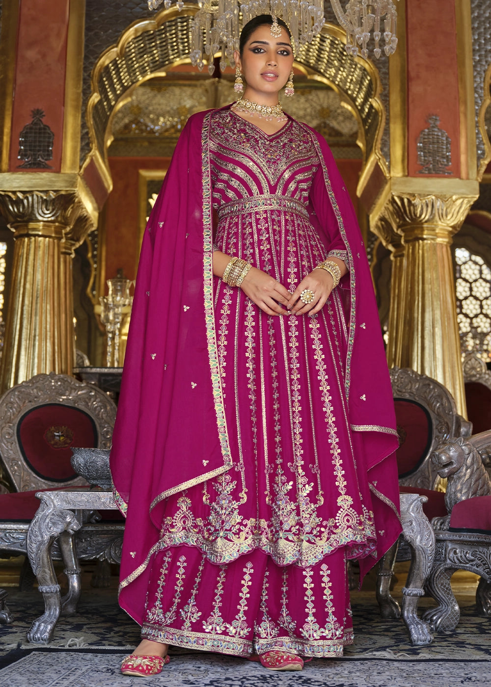 Magenta Pink Embroidered Chinon Silk Anarkali with Palazzo Set