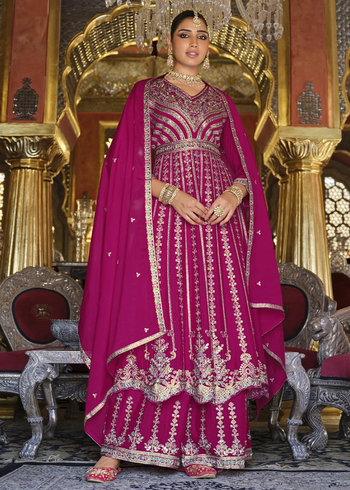 Magenta Pink Embroidered Chinon Silk Anarkali with Palazzo Set