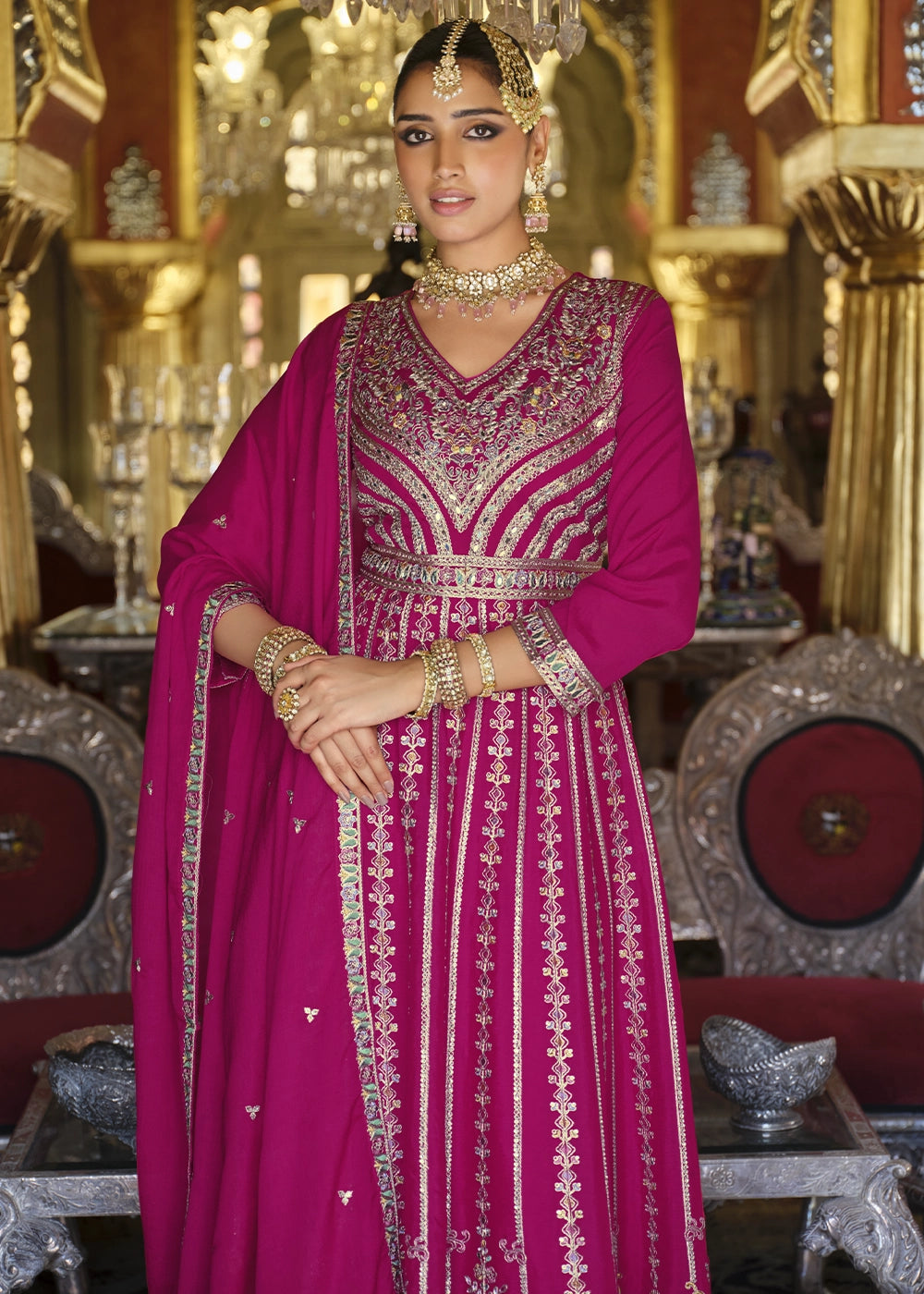 Magenta Pink Embroidered Chinon Silk Anarkali with Palazzo Set