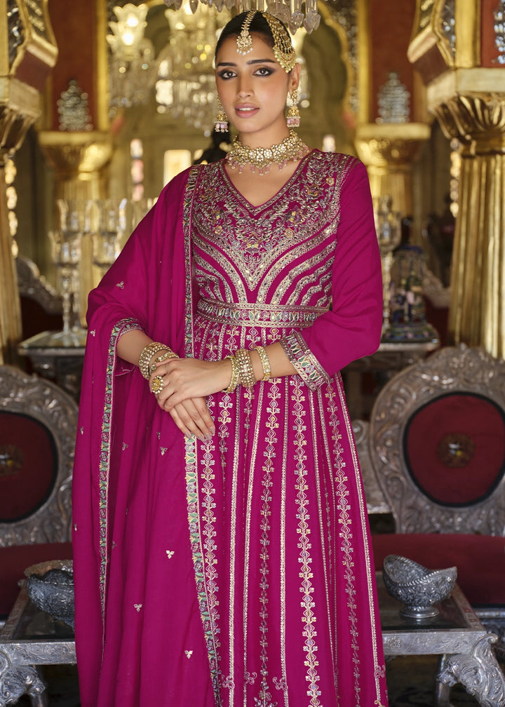 Magenta Pink Embroidered Chinon Silk Anarkali with Palazzo Set