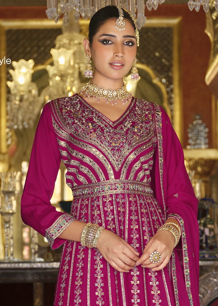 Magenta Pink Embroidered Chinon Silk Anarkali with Palazzo Set