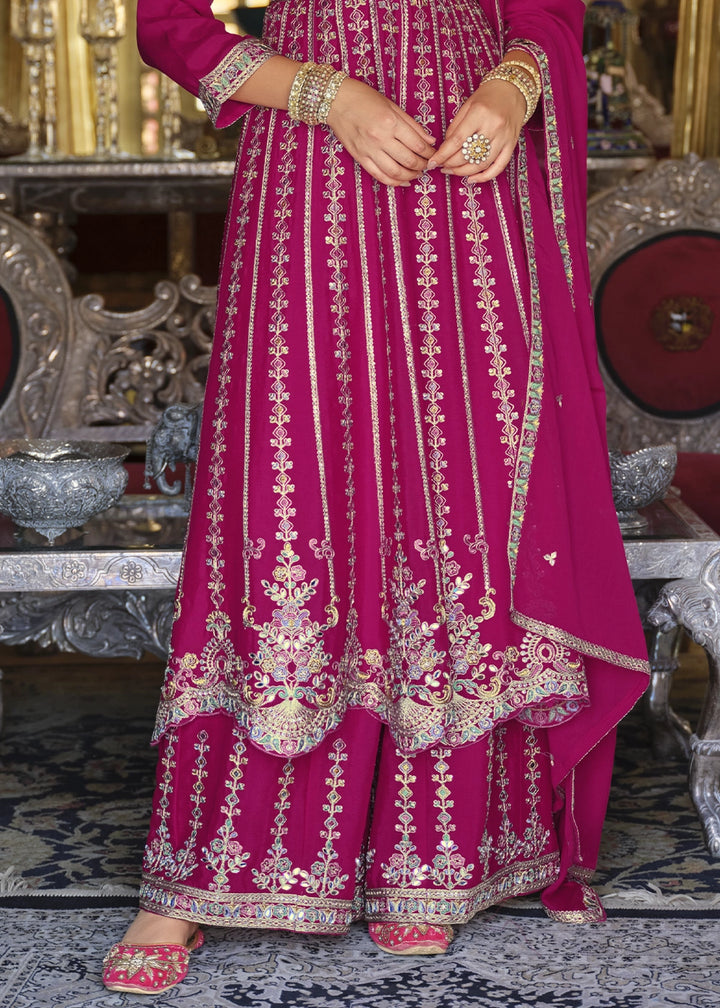 Magenta Pink Embroidered Chinon Silk Anarkali with Palazzo Set