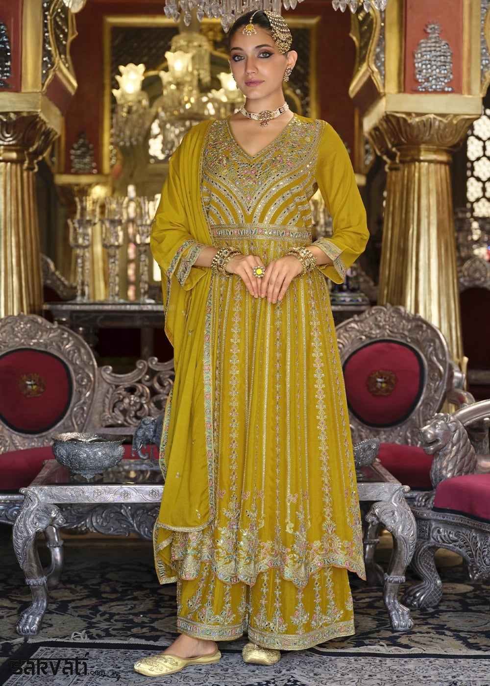 Mustard Yellow Embroidered Chinon Silk Anarkali with Palazzo Set