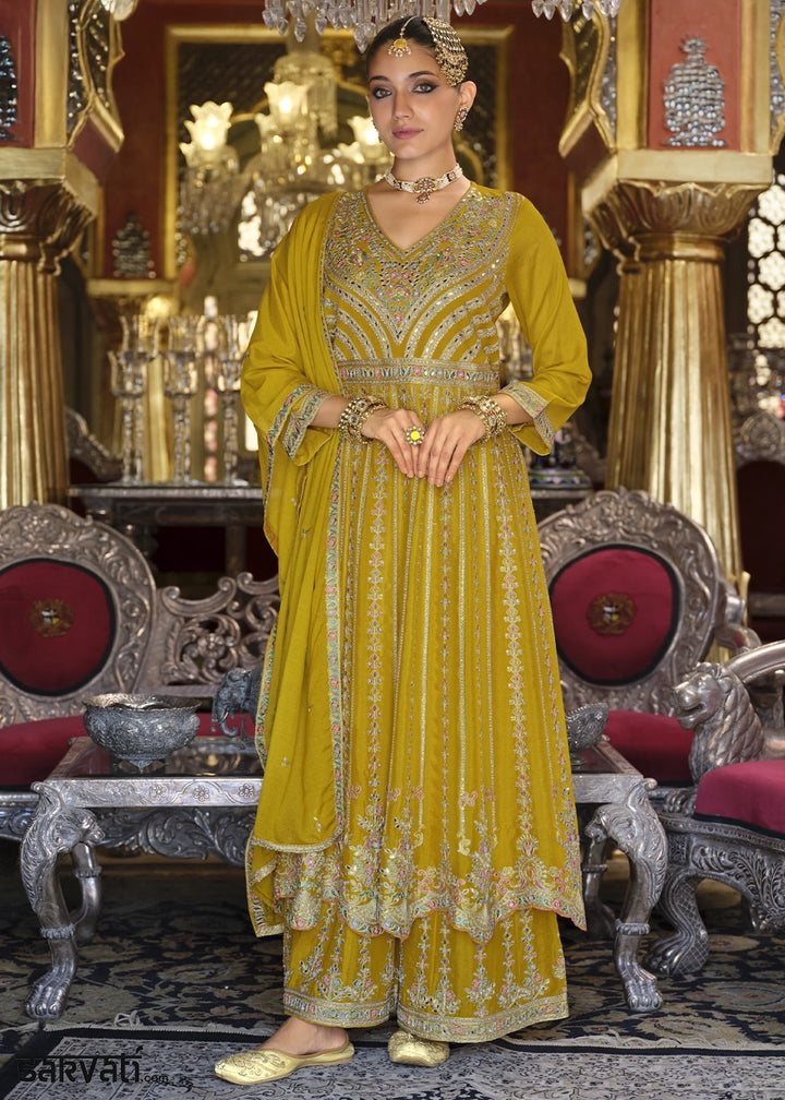 Mustard Yellow Embroidered Chinon Silk Anarkali with Palazzo Set