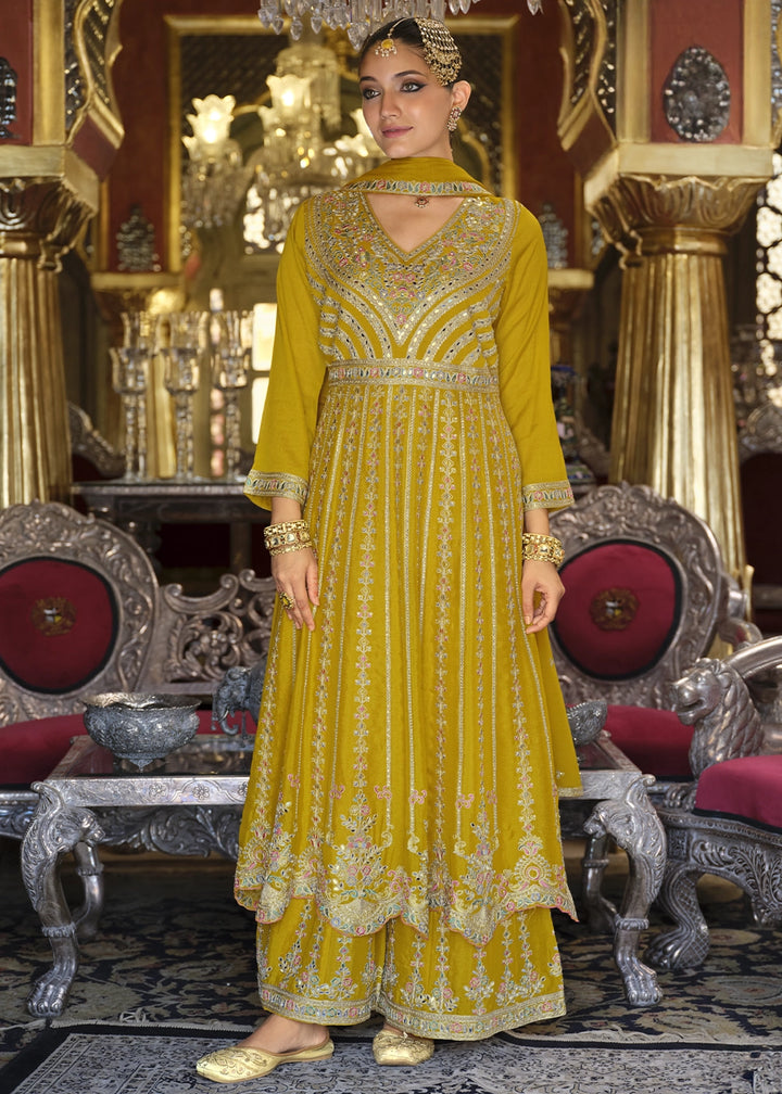 Mustard Yellow Embroidered Chinon Silk Anarkali with Palazzo Set