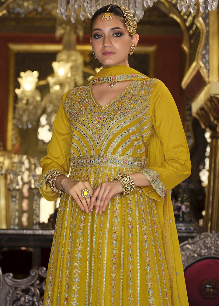 Mustard Yellow Embroidered Chinon Silk Anarkali with Palazzo Set