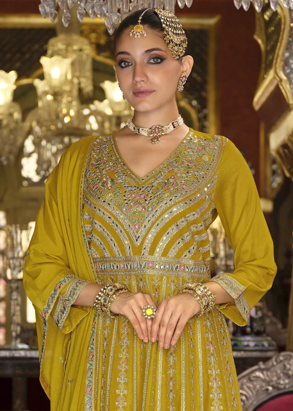 Mustard Yellow Embroidered Chinon Silk Anarkali with Palazzo Set