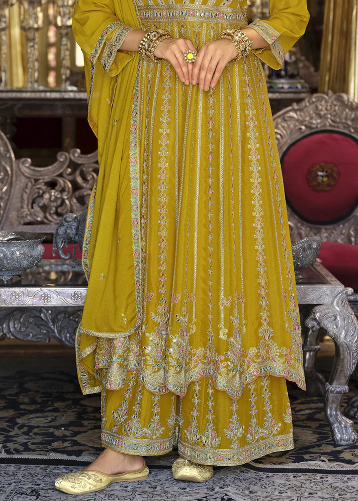 Mustard Yellow Embroidered Chinon Silk Anarkali with Palazzo Set