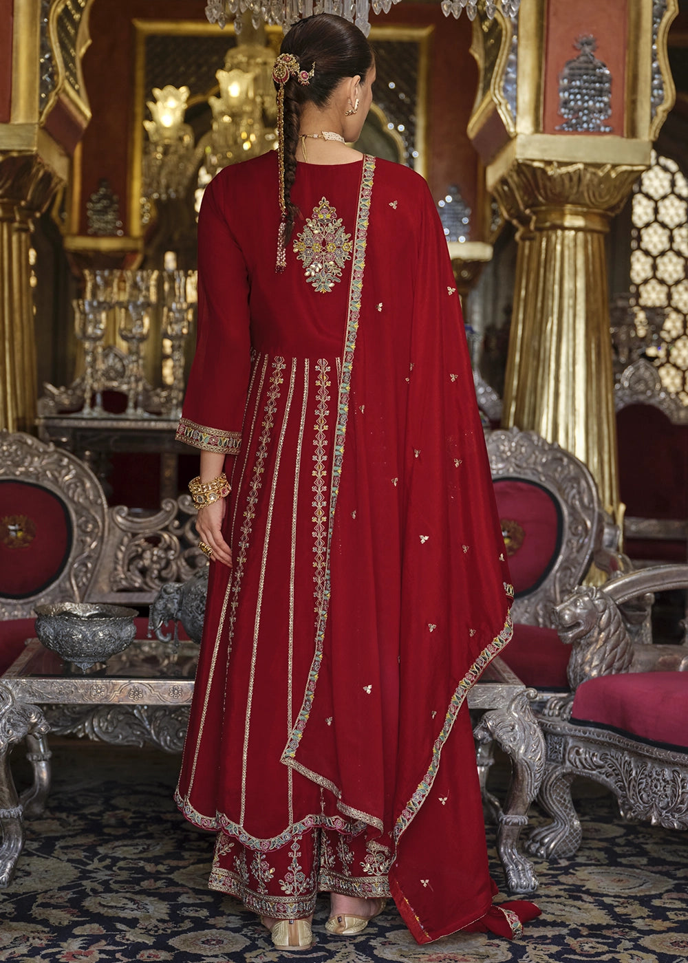 Crimson Red Embroidered Chinon Silk Anarkali with Palazzo Set