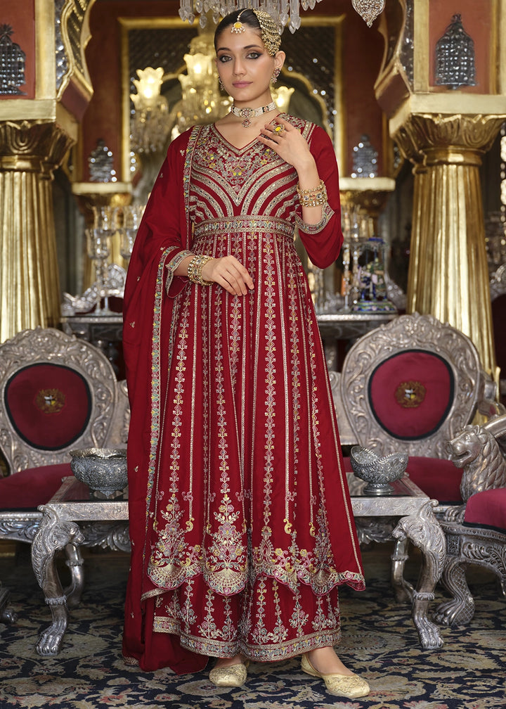 Crimson Red Embroidered Chinon Silk Anarkali with Palazzo Set