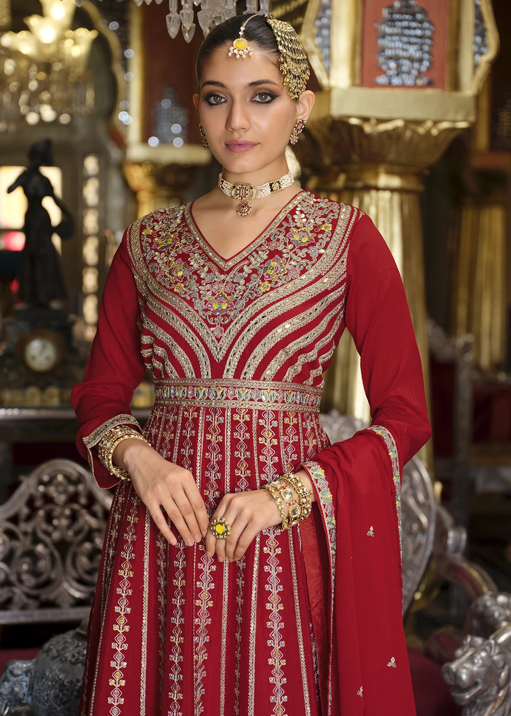 Crimson Red Embroidered Chinon Silk Anarkali with Palazzo Set
