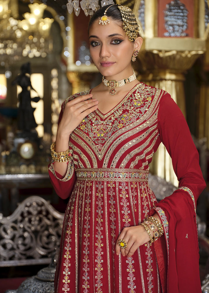 Crimson Red Embroidered Chinon Silk Anarkali with Palazzo Set