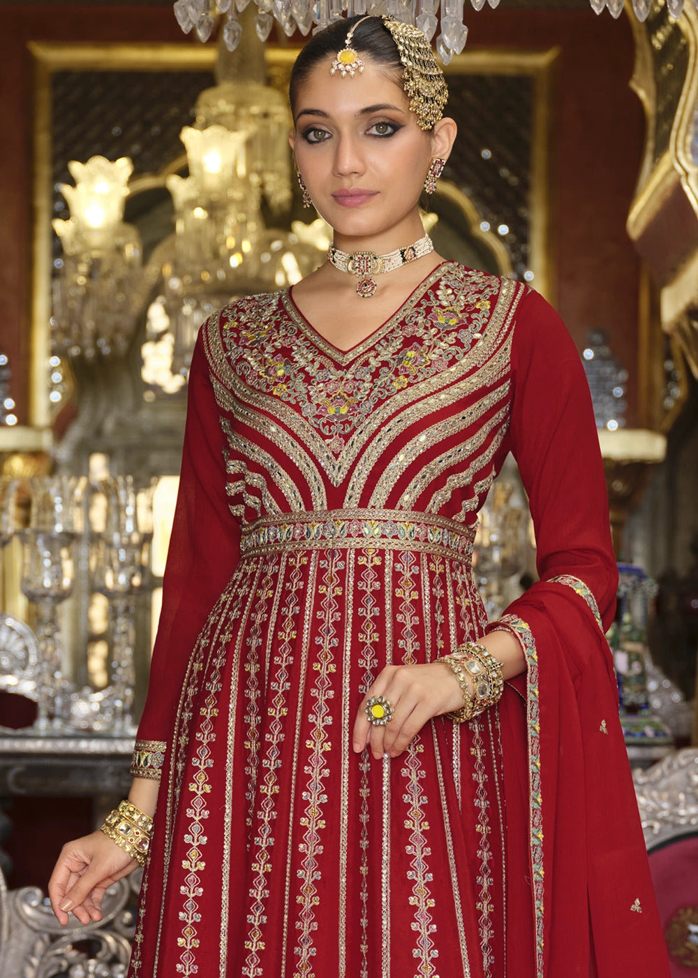 Crimson Red Embroidered Chinon Silk Anarkali with Palazzo Set