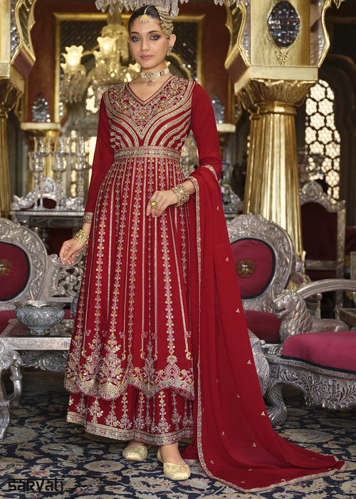 Crimson Red Embroidered Chinon Silk Anarkali with Palazzo Set