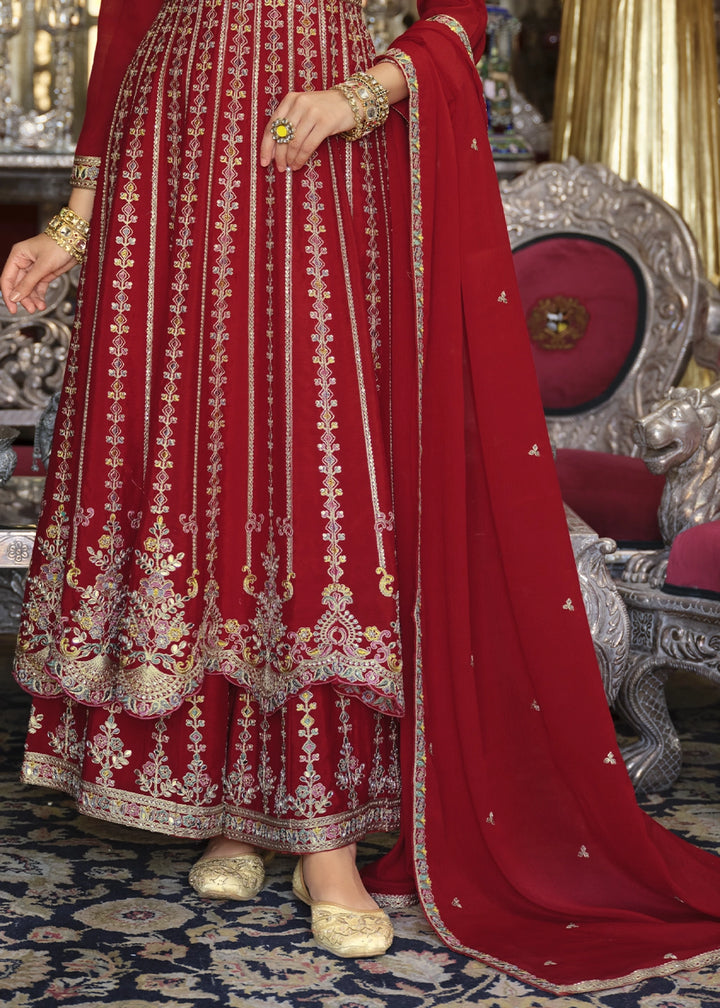 Crimson Red Embroidered Chinon Silk Anarkali with Palazzo Set