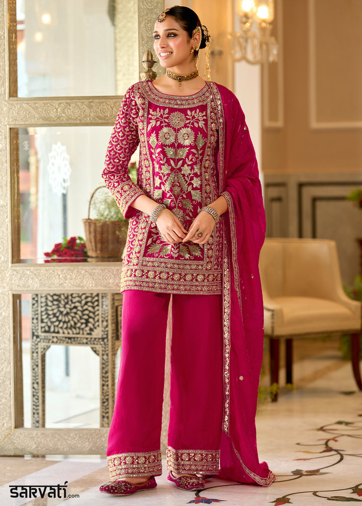 Magenta Pink Satin Silk Suit Set with Gota Patti &amp; Sequin Embroidery