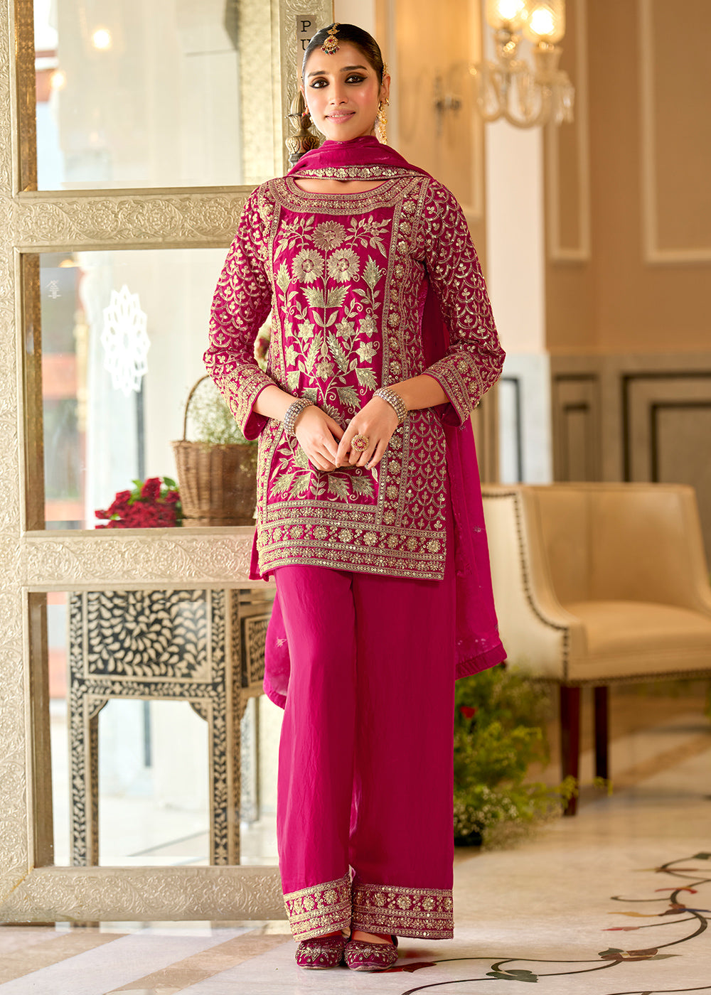 Magenta Pink Satin Silk Suit Set with Gota Patti & Sequin Embroidery