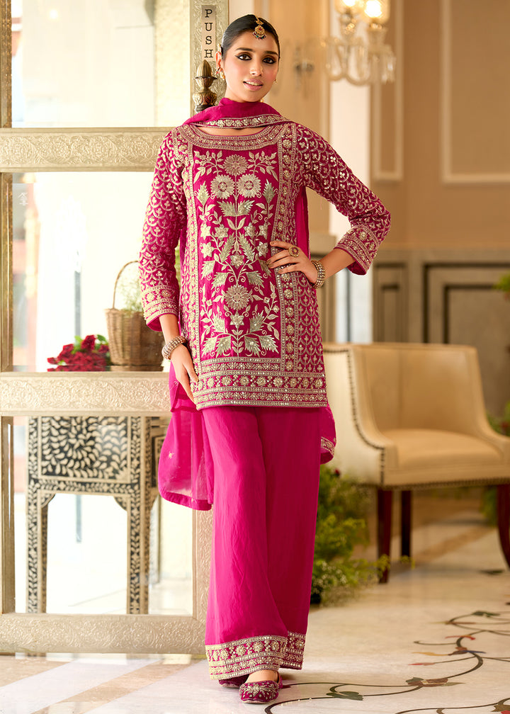 Magenta Pink Satin Silk Suit Set with Gota Patti &amp; Sequin Embroidery