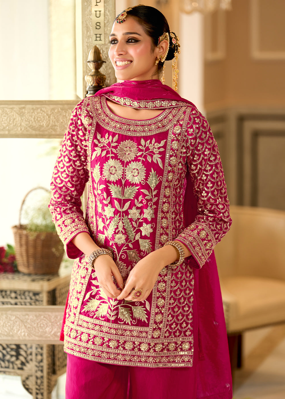 Magenta Pink Satin Silk Suit Set with Gota Patti &amp; Sequin Embroidery