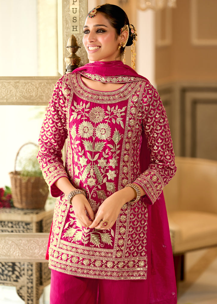 Magenta Pink Satin Silk Suit Set with Gota Patti &amp; Sequin Embroidery