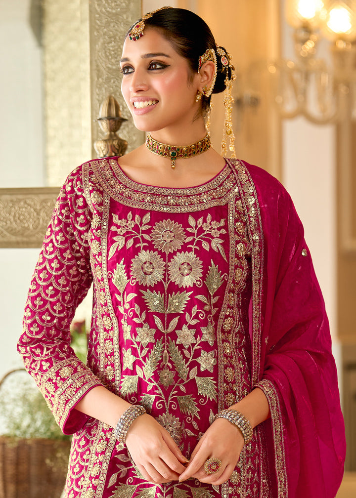 Magenta Pink Satin Silk Suit Set with Gota Patti &amp; Sequin Embroidery