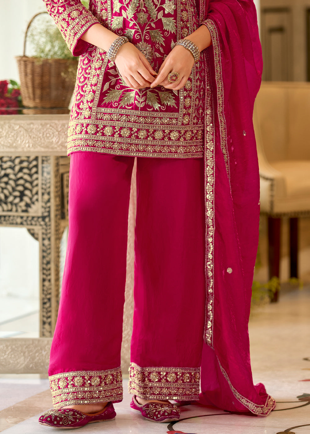 Magenta Pink Satin Silk Suit Set with Gota Patti &amp; Sequin Embroidery