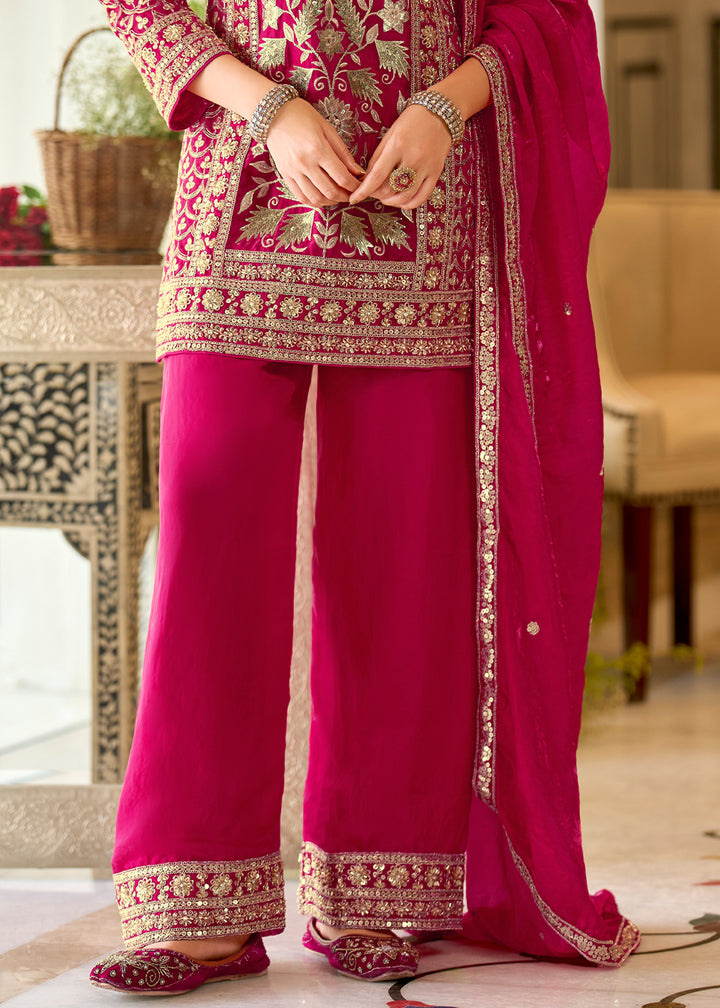 Magenta Pink Satin Silk Suit Set with Gota Patti &amp; Sequin Embroidery